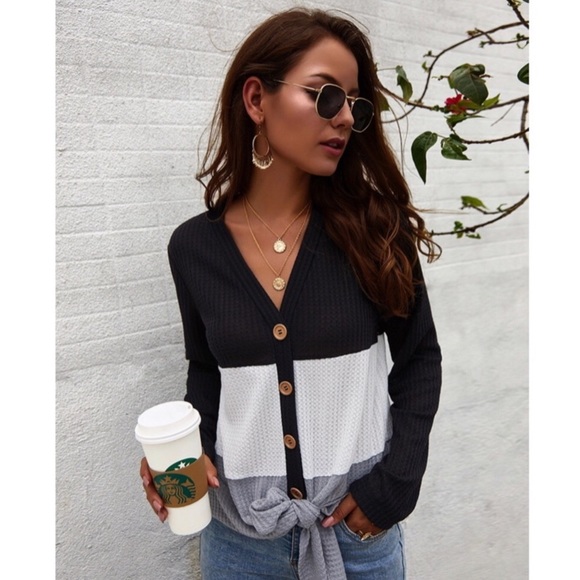 Color Block Waffle Knit Button-Up Long Sleeve Top - Picture 2 of 3